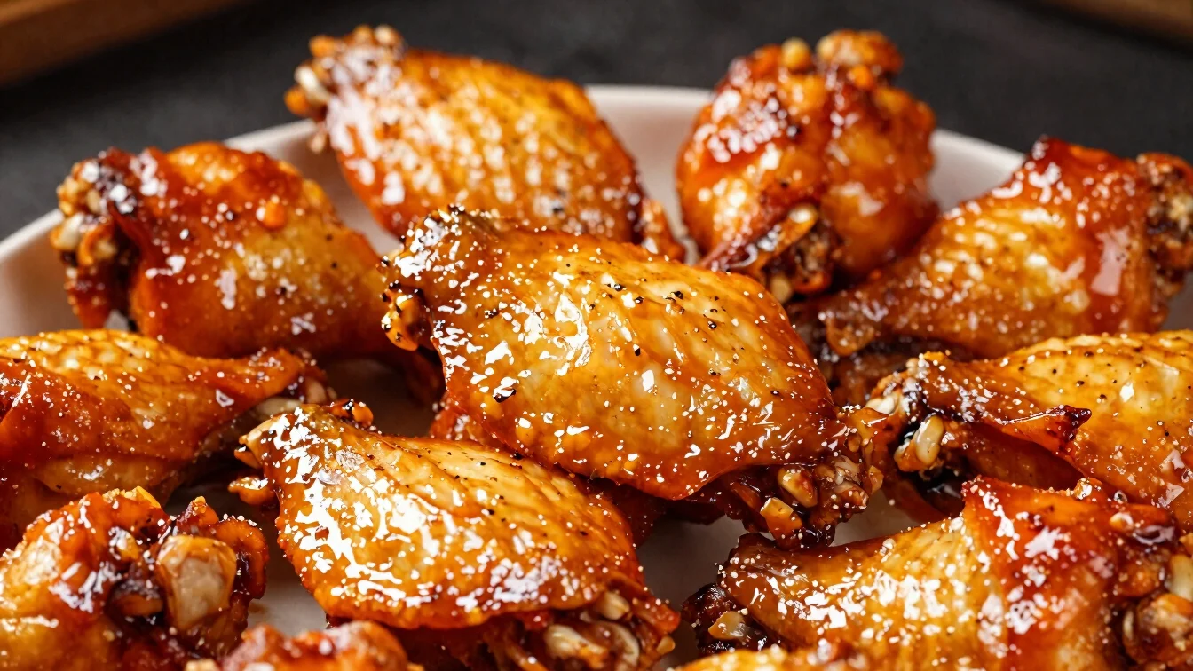 Close-up of glossy crispy chicken wings with sauce glaze, warm re