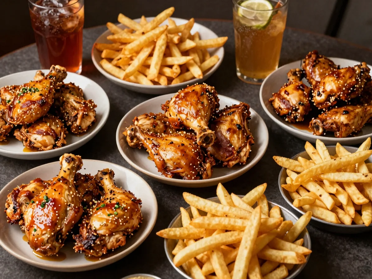 Overhead family-size meal spread with boneless chicken, large fries and drinks on a dark table, warm light, appetizing t
