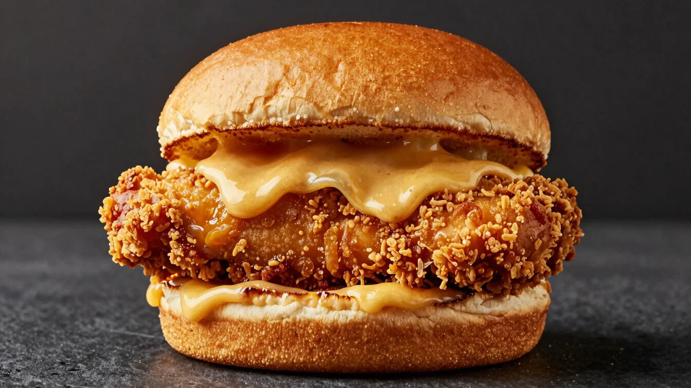 Chicken burger with crispy fillet, melted topping, overhead warm