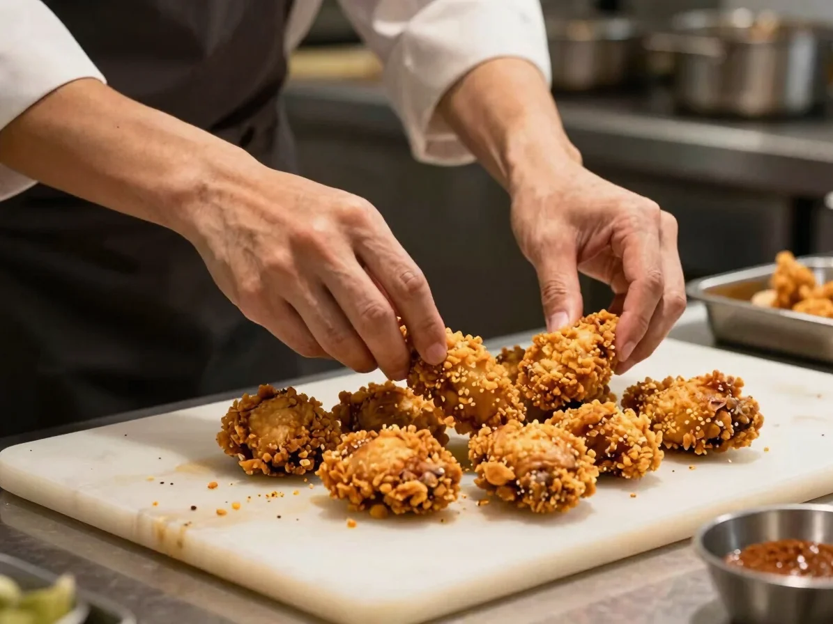 Chef hands plating golden crispy chicken pieces, warm kitchen lig