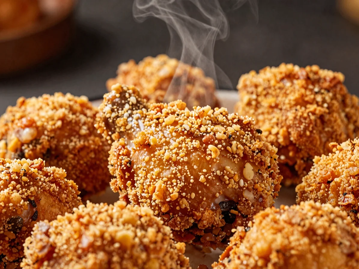 Macro shot of crispy chicken texture with a golden crust and stea