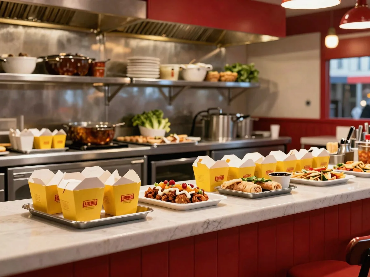 Clean modern restaurant kitchen counter with stainless surfaces a