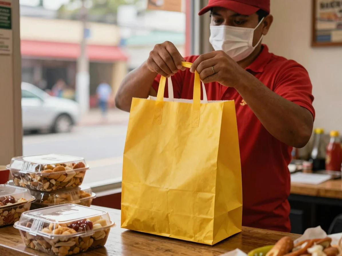 Takeout bag and food boxes being packed by a staff member, warm l