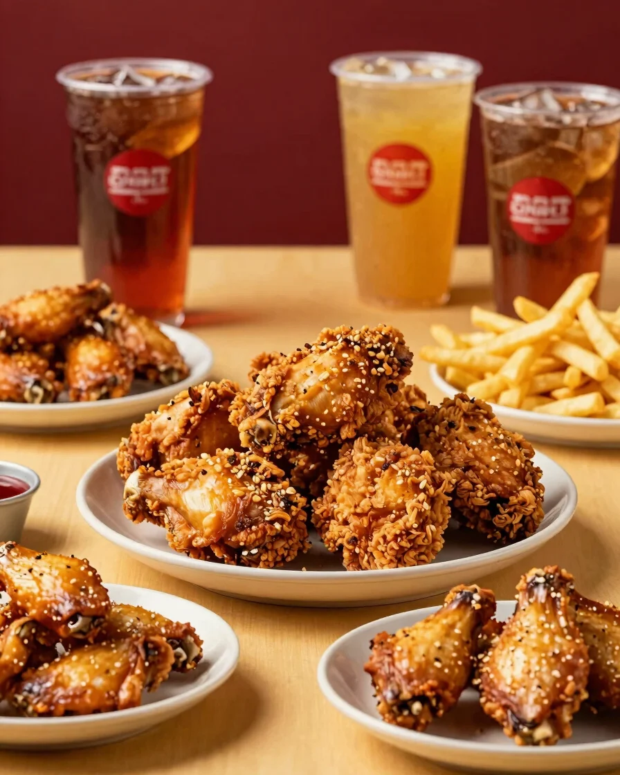 Editorial food photograph of a fully served table with crispy bon