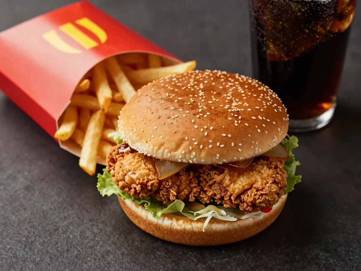 Overhead close-up of a single combo box with a crispy chicken burger, fries and a soda on a dark surface, warm light, re