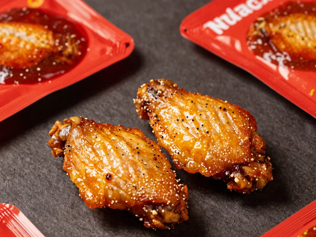 Overhead close-up of two crispy chicken wings portions with dipping sauces in red packaging on a dark surface, warm stud