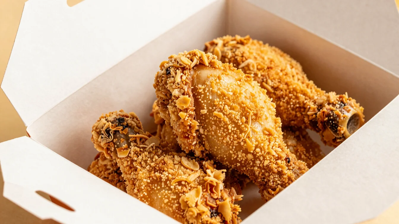 Close-up appetizing crispy boneless chicken pieces in a takeout b